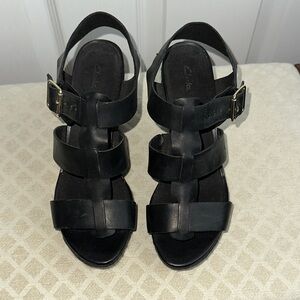 Clark’s Black Leather 4” Wedge Sandals